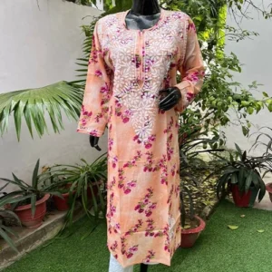 Floral Print Mulmul Cotton Hand Embroidered Chikankari Kurta
