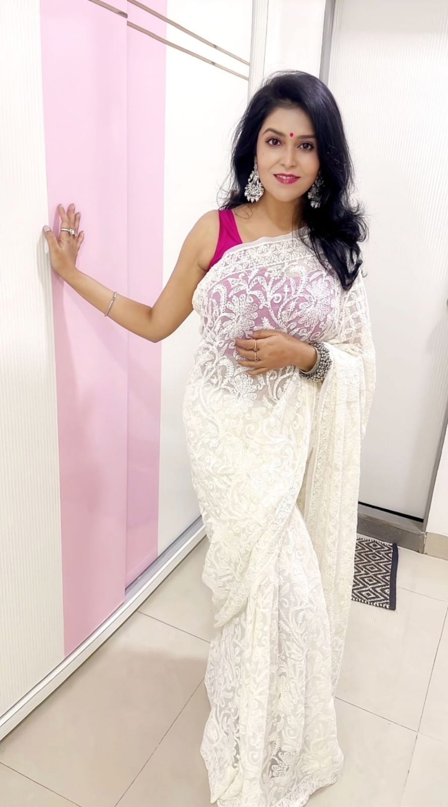 White Chikankari Saree With Jaal Embroidery