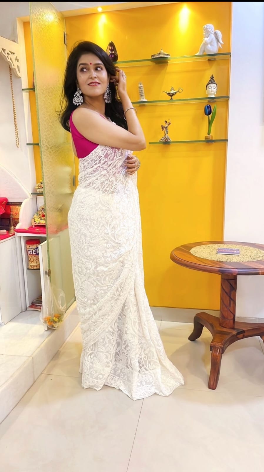 White Chikankari Saree With Jaal Embroidery