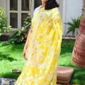 Yellow Chikankari Saree With hand Embroidery