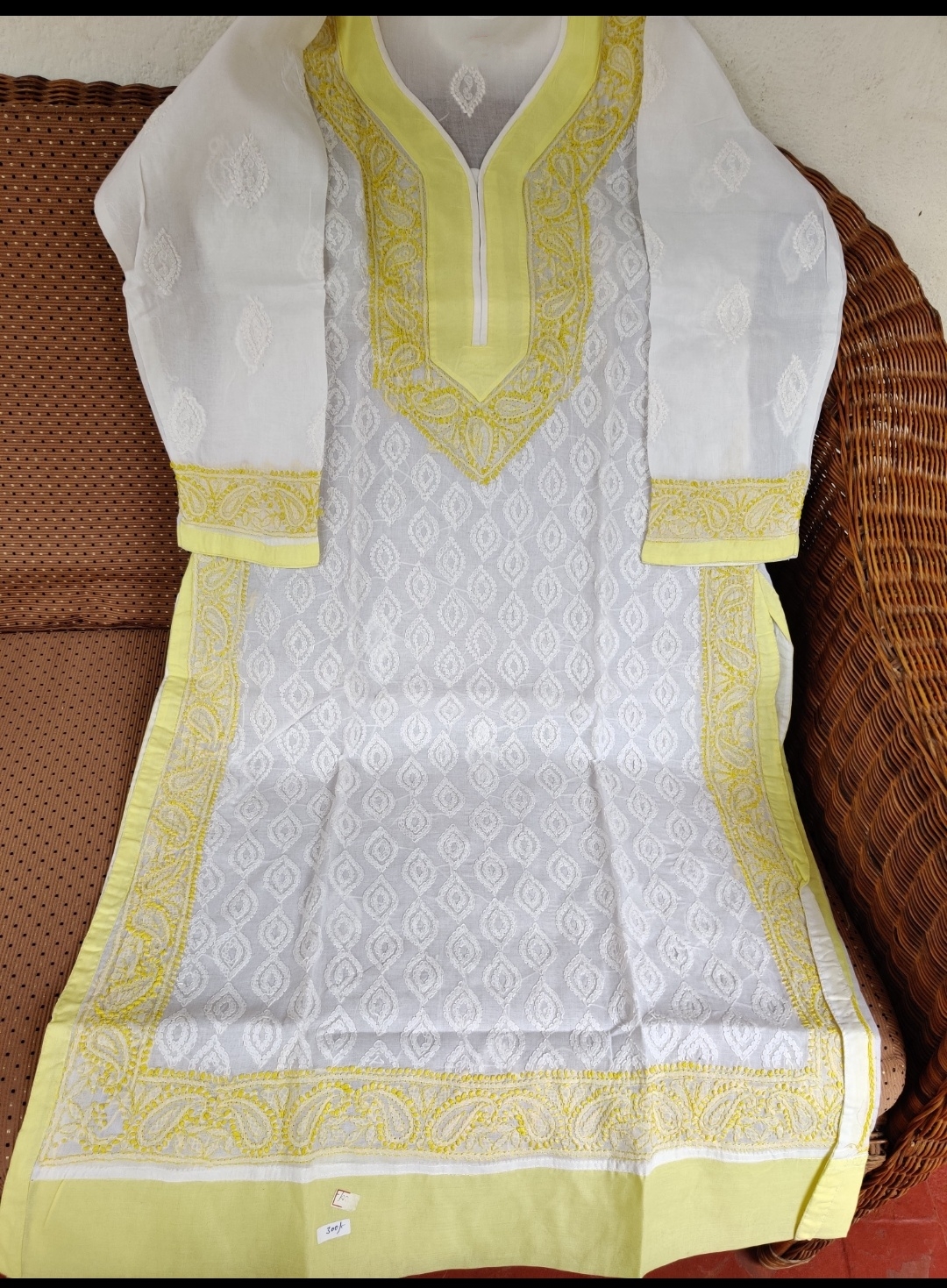 White Yellow Cotton Chikankari Kurta