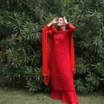 Partywear Red Kurta Set With Chikankari & Mukaish