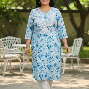 Plus Size Blue Mulmul Print Chikankari Kurta