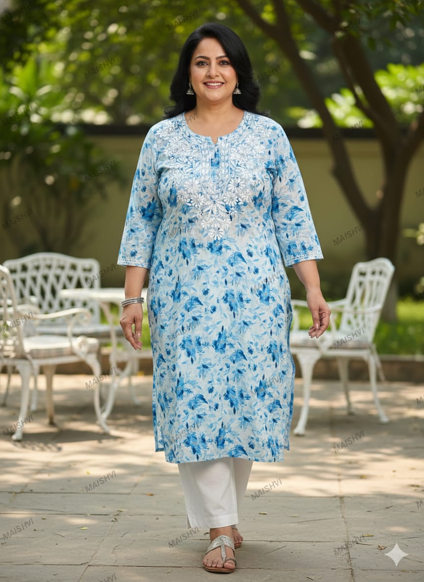 Plus Size Blue Mulmul Print Chikankari Kurta