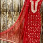 Partywear Red Chikankari Suit With Gotapatti