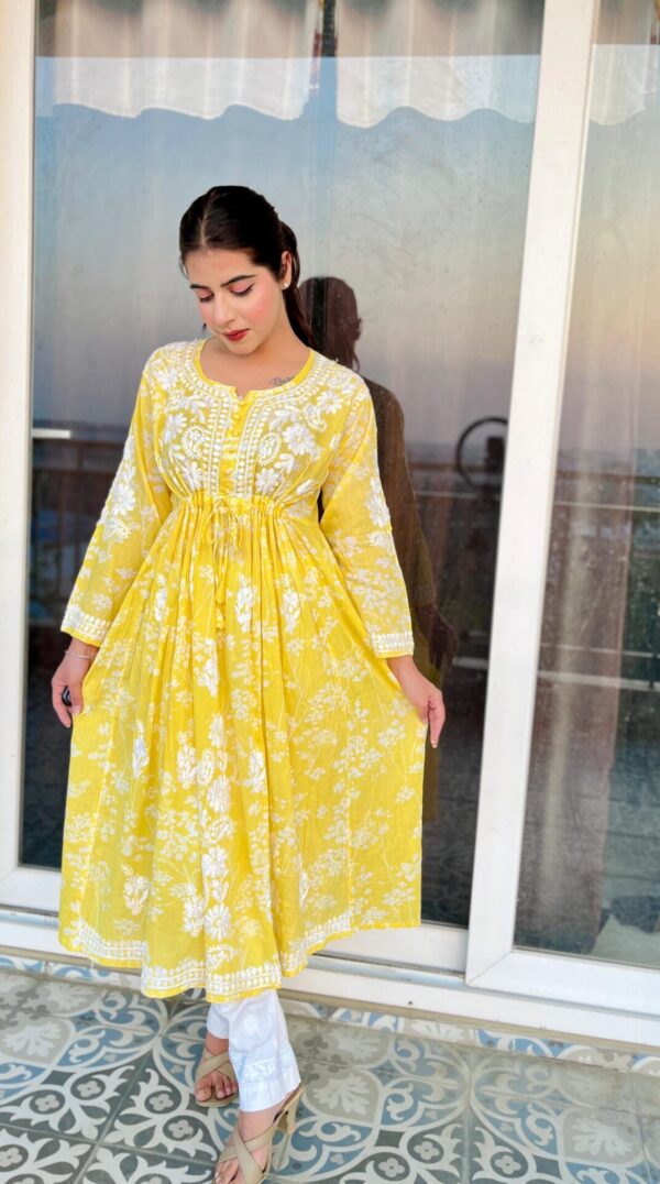 Yellow Mulmul Cotton Chikankari A-line Kurta 2