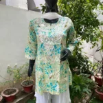 Cream Printed Mulmul Cotton Chikankari Short Kurti