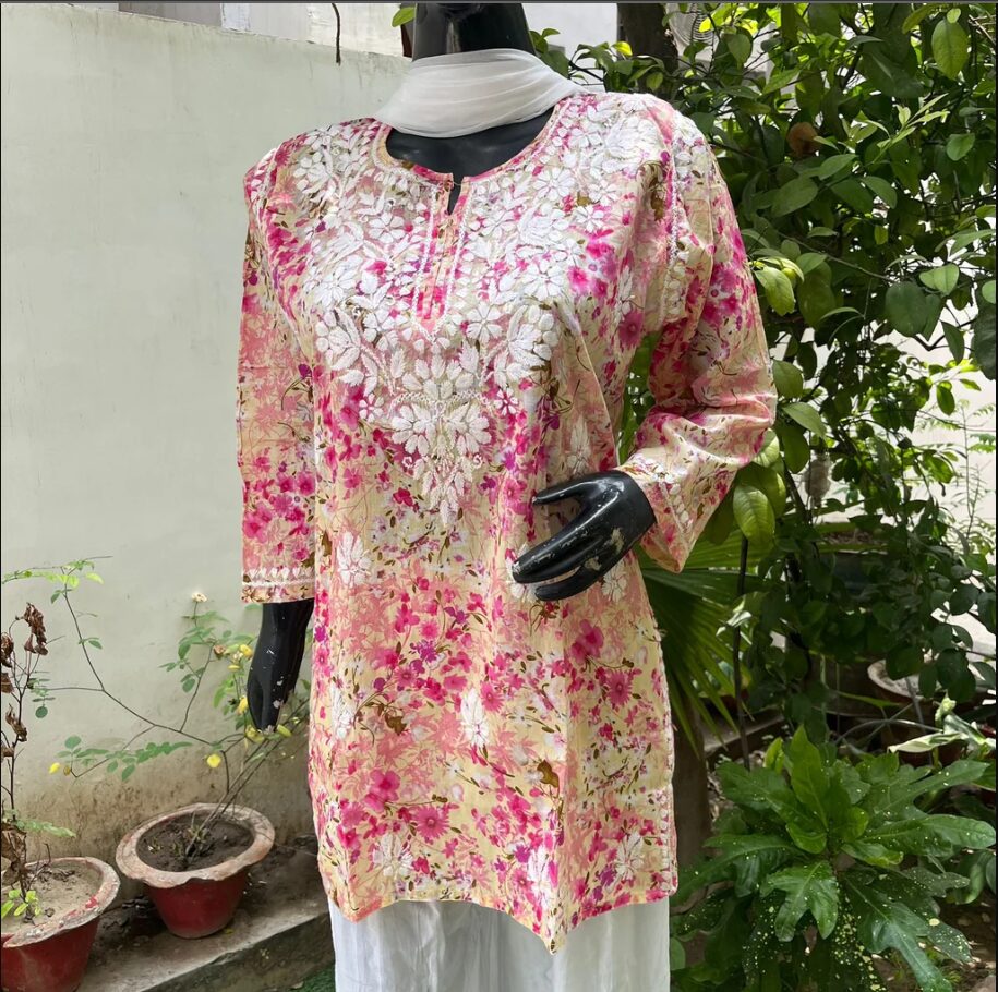 Pink Printed Mulmul Cotton Chikankari Short Kurti