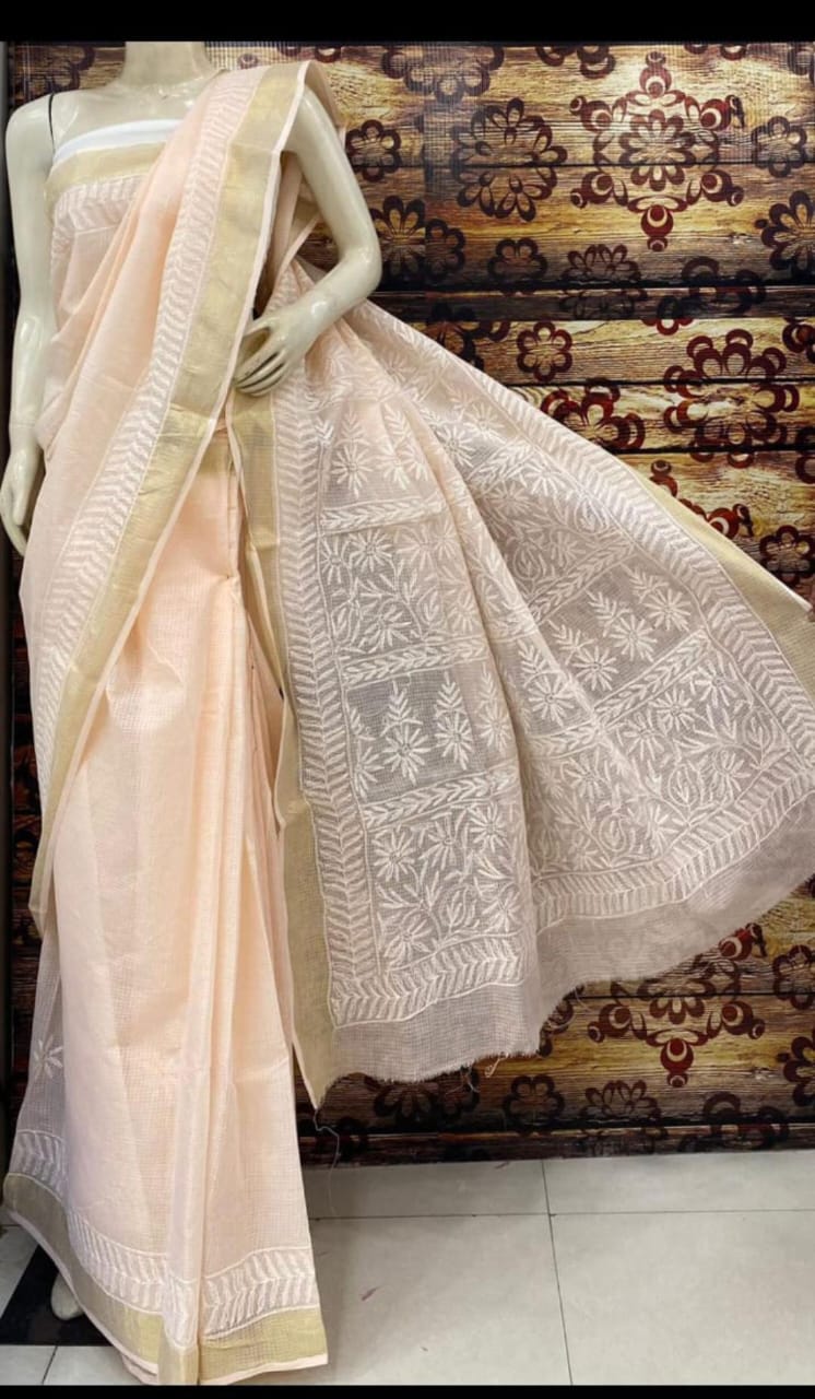 Lime Kota Cotton Chikankari Saree Zari Border