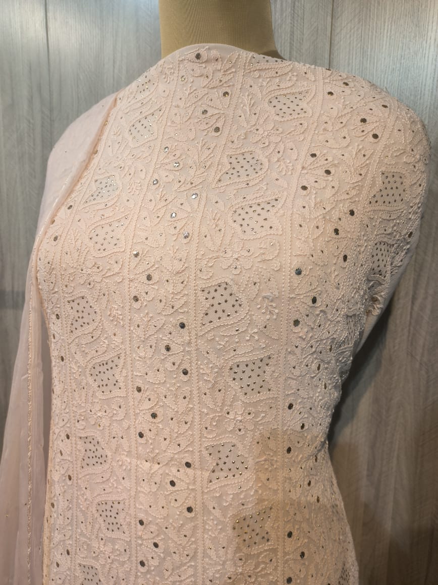 Beige Pure Georgette Chikankari Suit With Mukaish