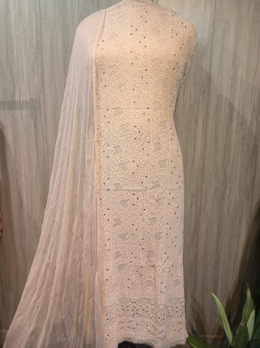 Beige Pure Georgette Chikankari Suit With Mukaish
