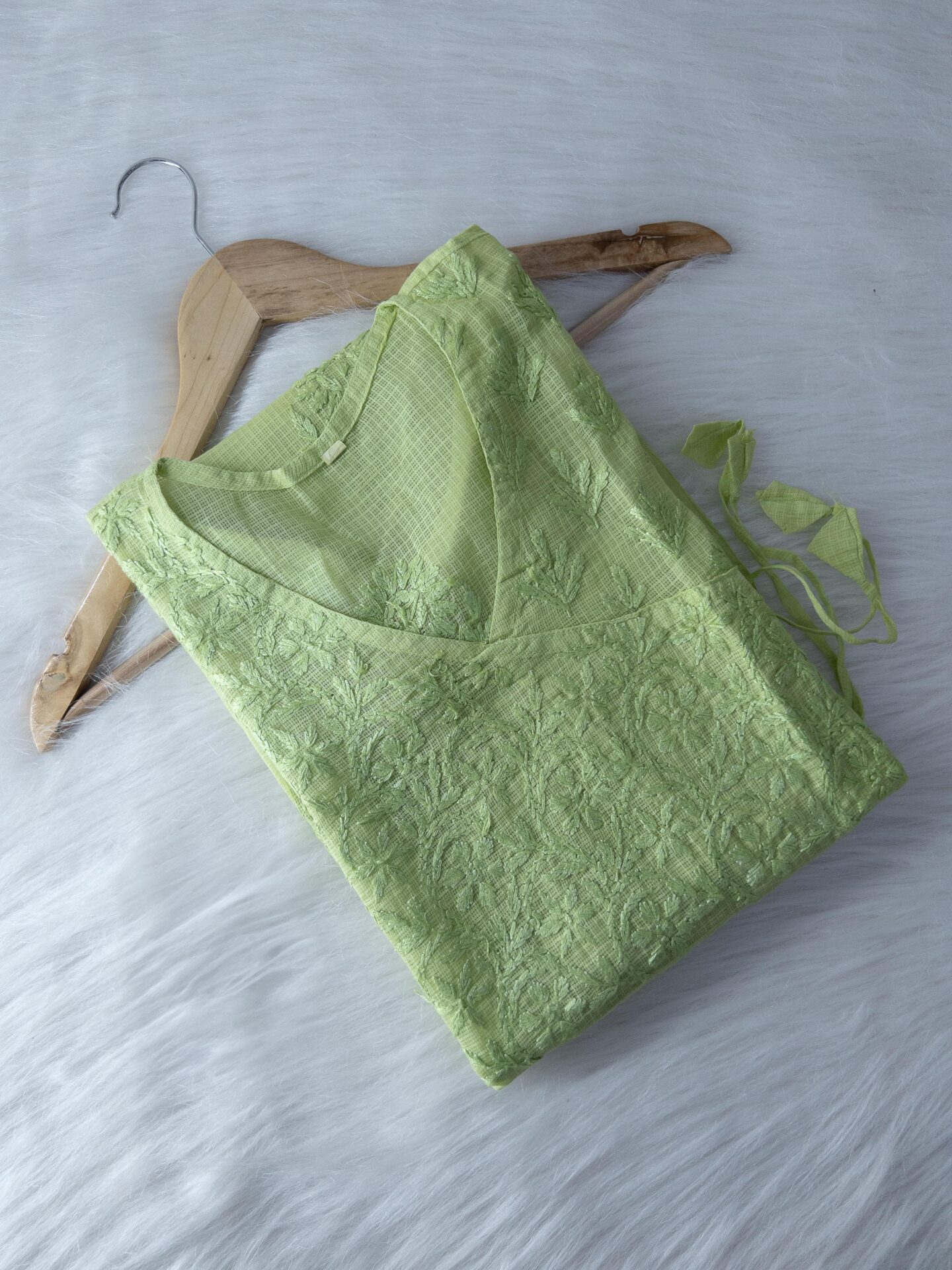 Green Kota Cotton Chikankari Angrakha