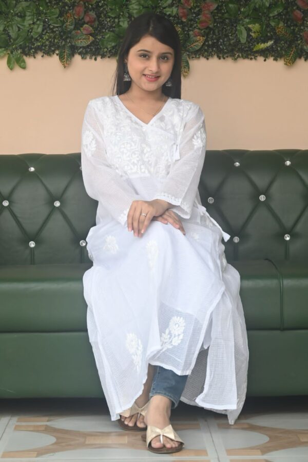 Kota Cotton Chikankari Angrakha Kurta With Hand Embroidery