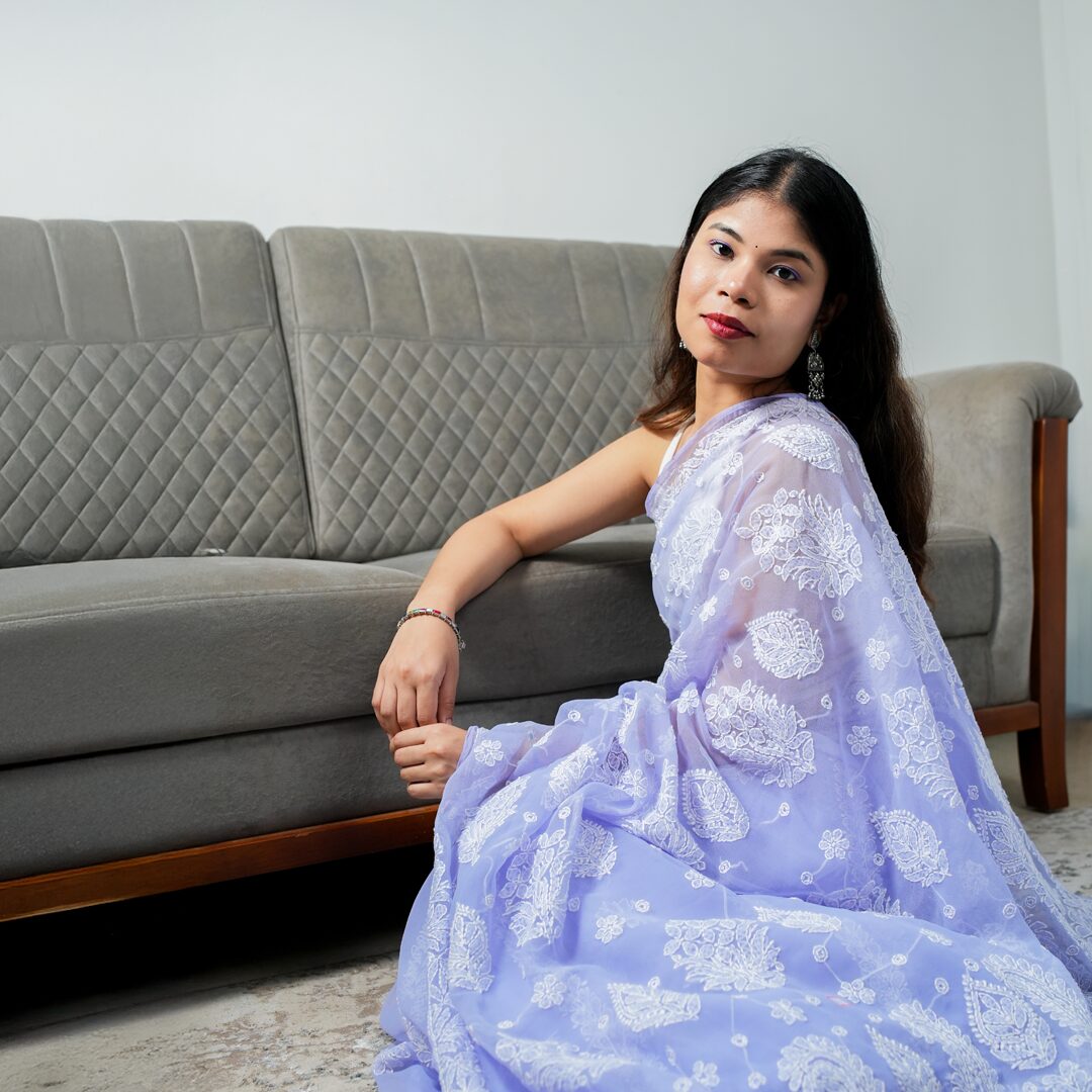 Lavender Hand Embroidery Chikankari Saree