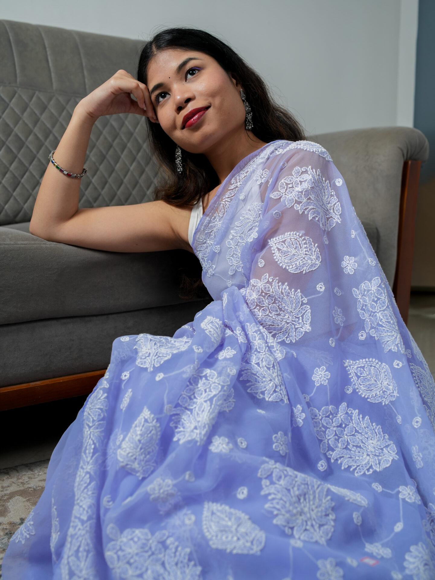 Lavender Hand Embroidery Chikankari Saree