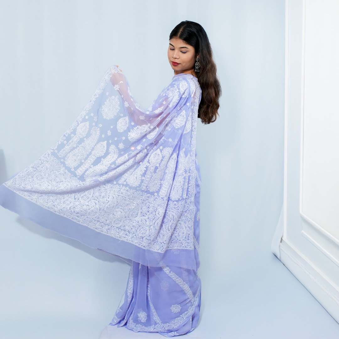Lavender Hand Embroidery Chikankari Saree