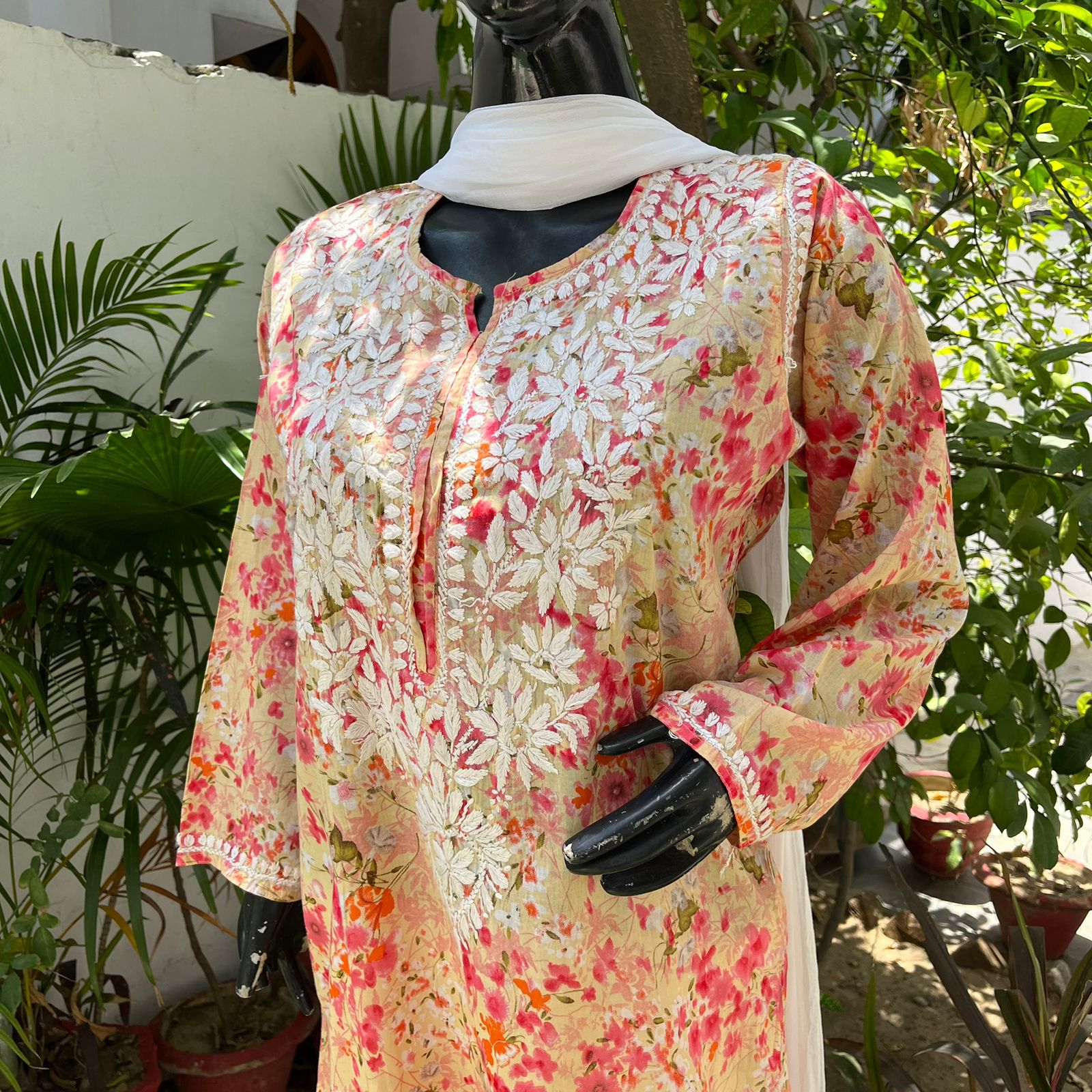 Mulmul Cotton Chikankari Kurta Orange2