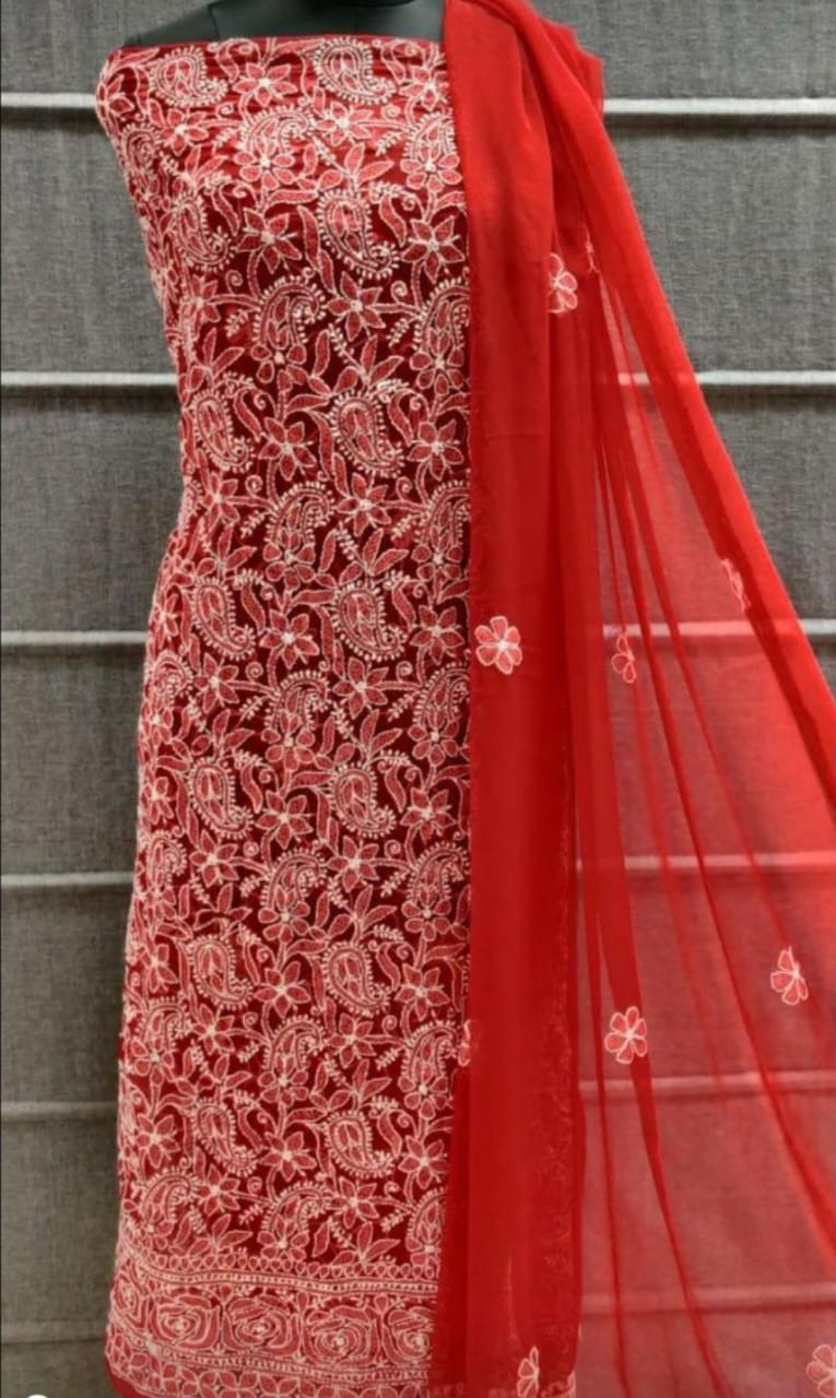 Red Georgette Chikankari Suit