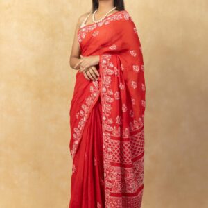 Red Kota Doria Chikankari Saree