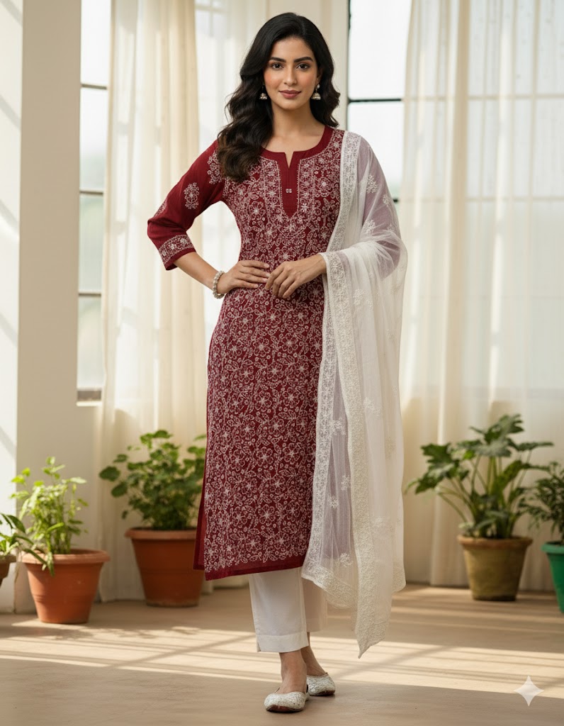 Wine Georgette Chikankari Kurta