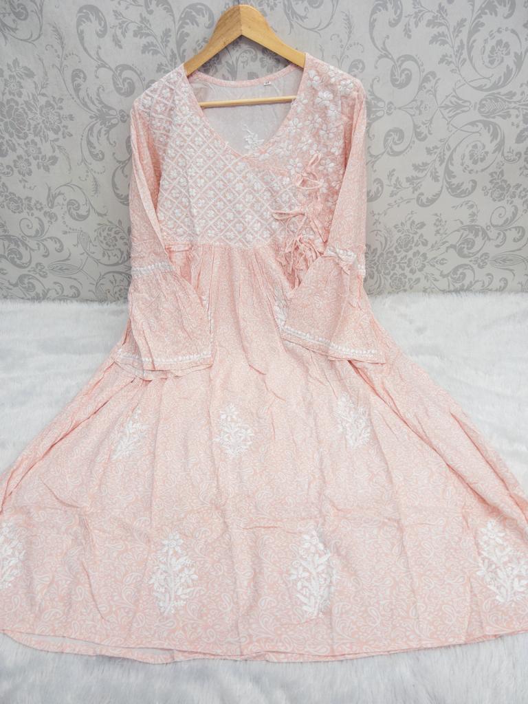 Peach Rayon Printed Angrakha Kurta