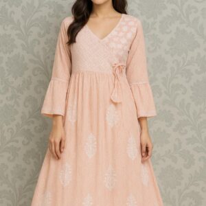 Peach Rayon Printed Angrakha Kurta