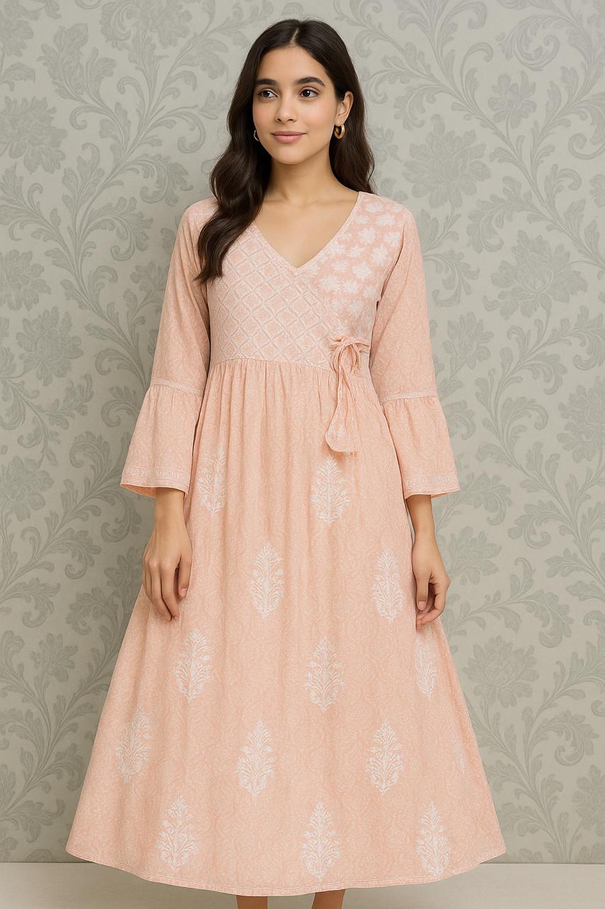 Peach Rayon Printed Angrakha Kurta