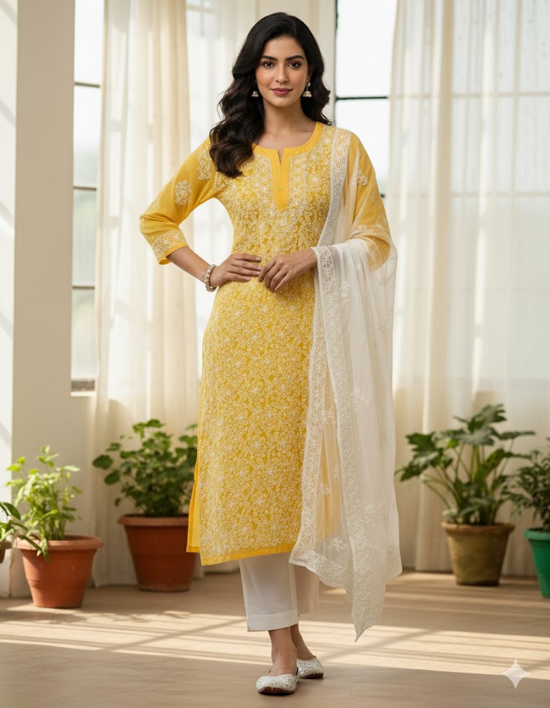 Yellow Georgette Chikankari Kurta
