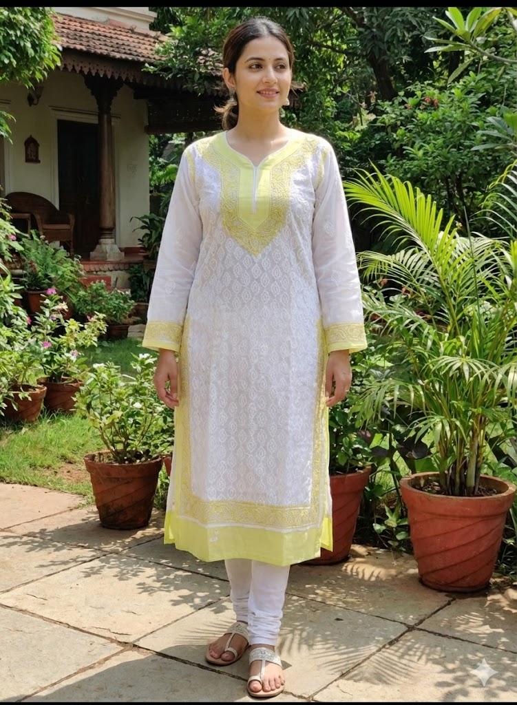 White Yellow Cotton Chikankari Kurta