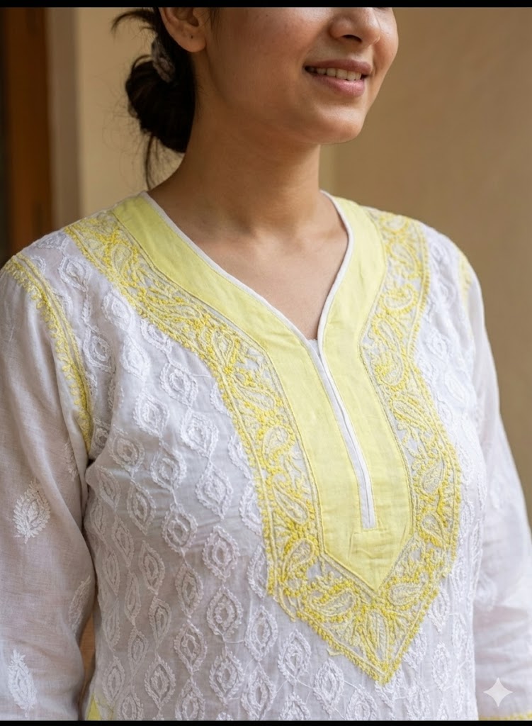 White Yellow Cotton Chikankari Kurta