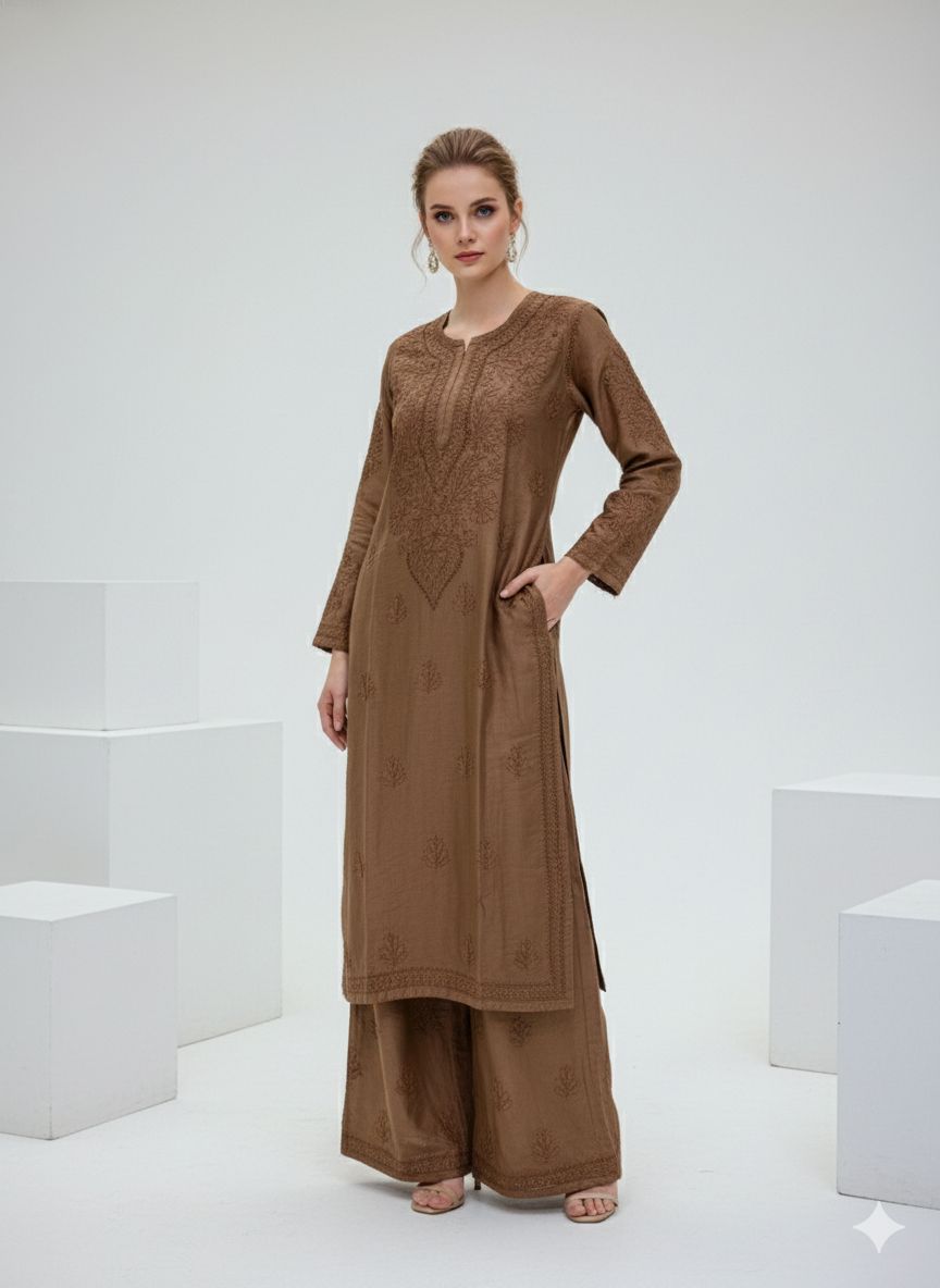 Brown Chikankari Chanderi Set