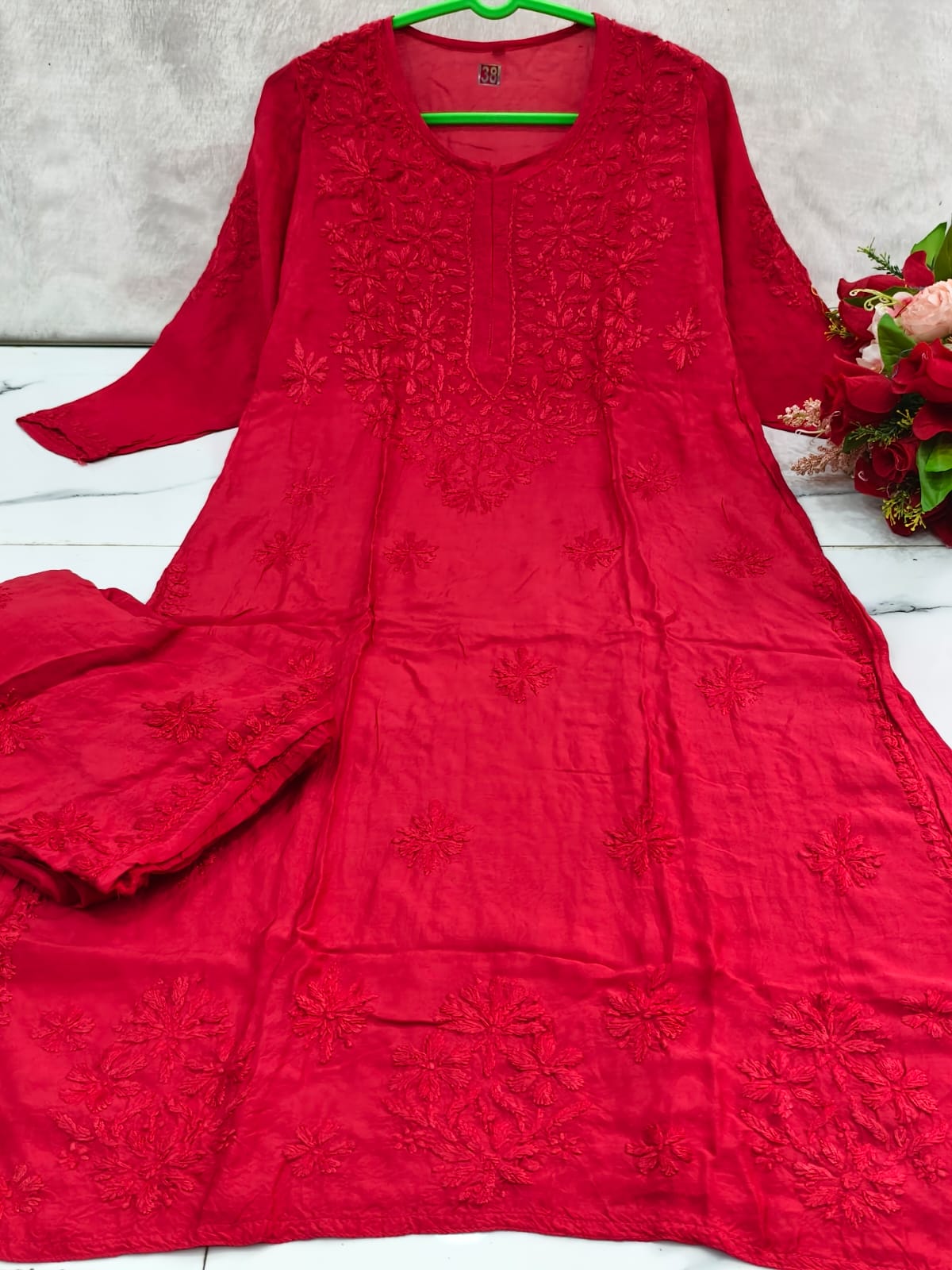 Red Chikankari Chanderi Silk Set