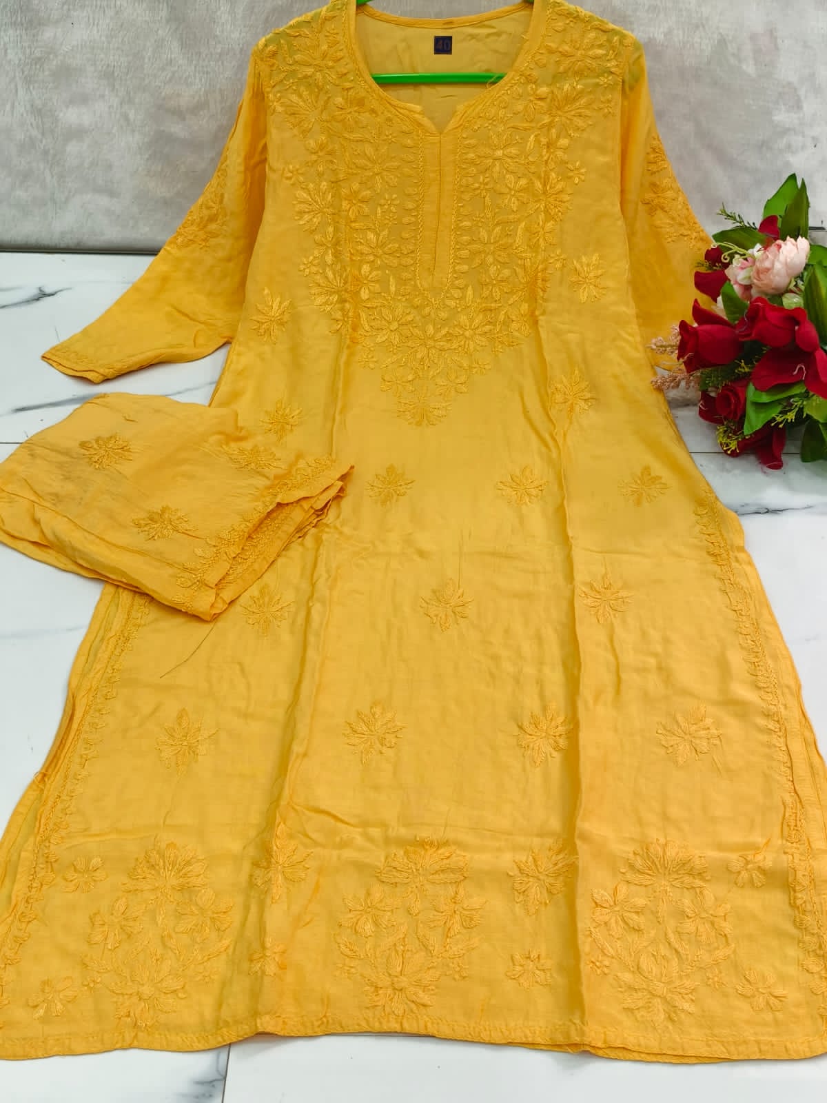Yellow Chikankari Chanderi Silk Set