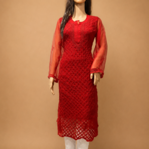 Red Georgette Straight Kurta With Chikankari