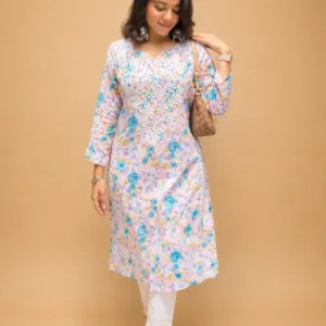 Floral Print Mulmul Chikankari Kurta