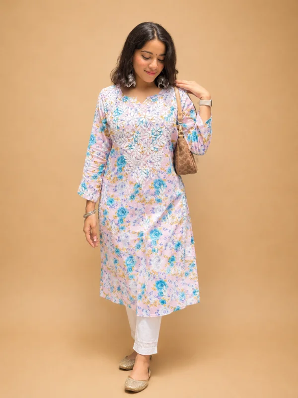 Floral Print Mulmul Chikankari Kurta
