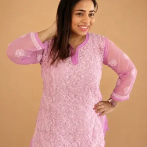 Pink Georgette Chikankari Short Kurti