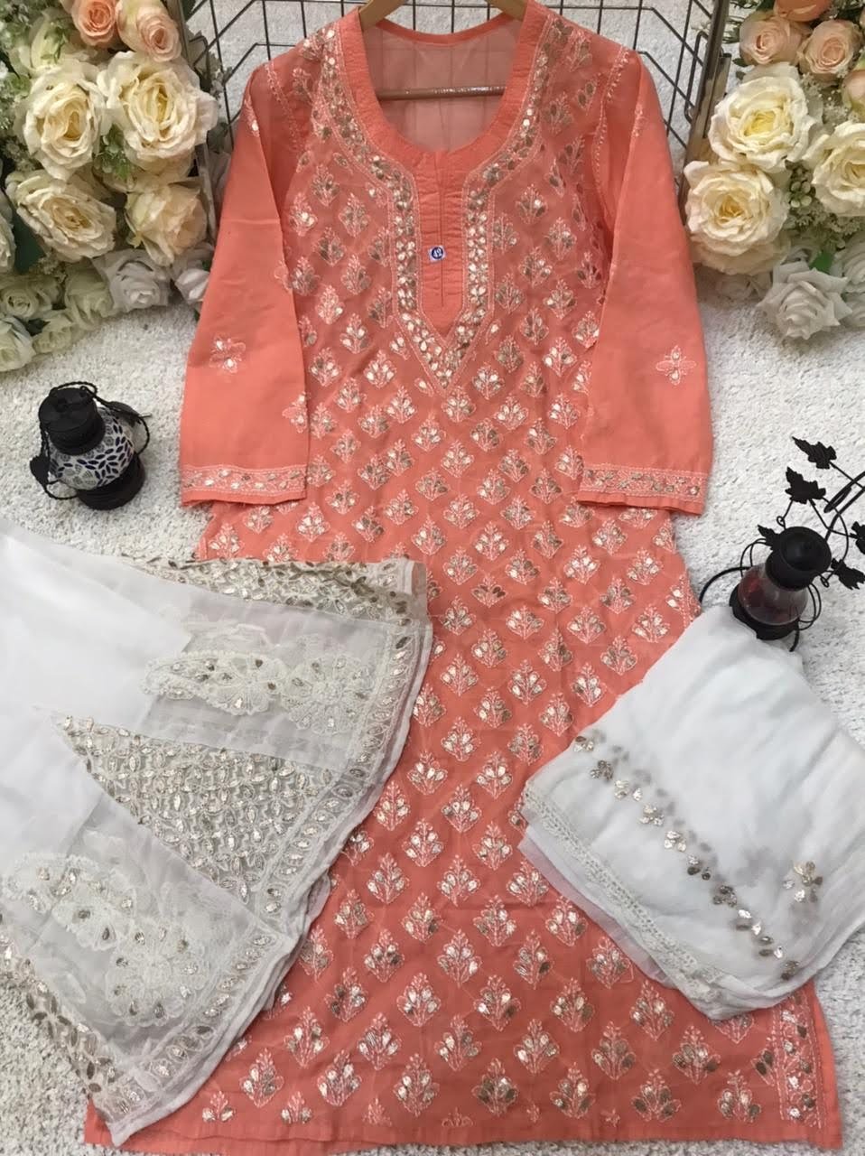 Peach Cotton Kurta With Chikankari and Gotapatti