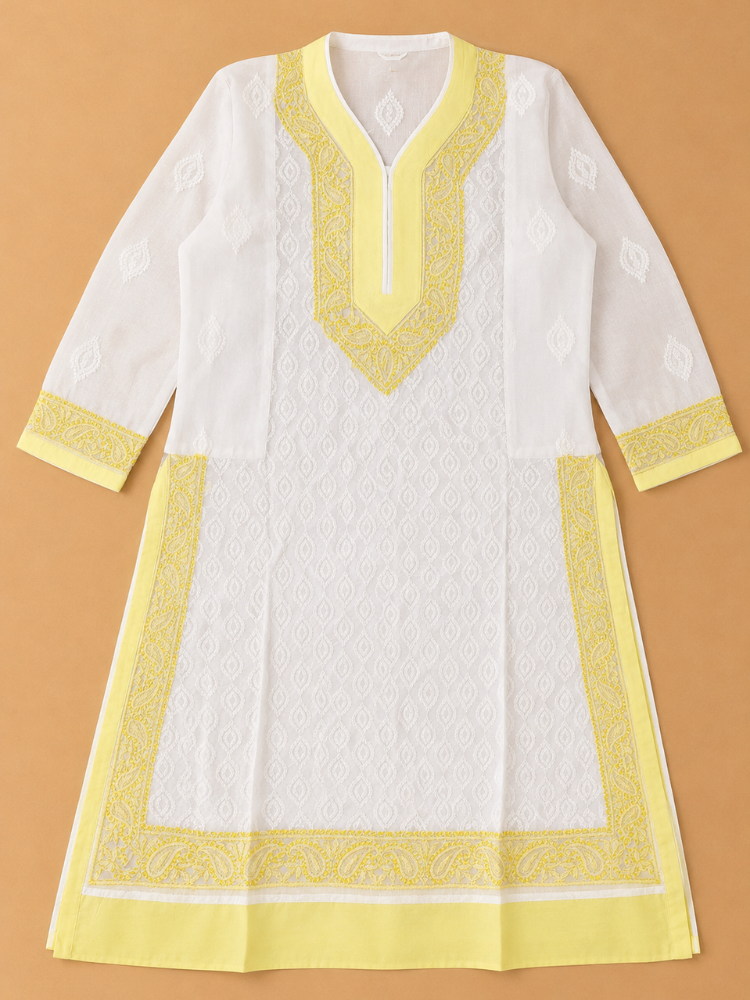 White Cotton Kurta With Chikankari Hand Embroidery