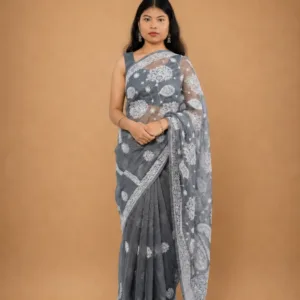 Grey Lucknowi Chikankari Saree With Border Palla Hand Embroidery