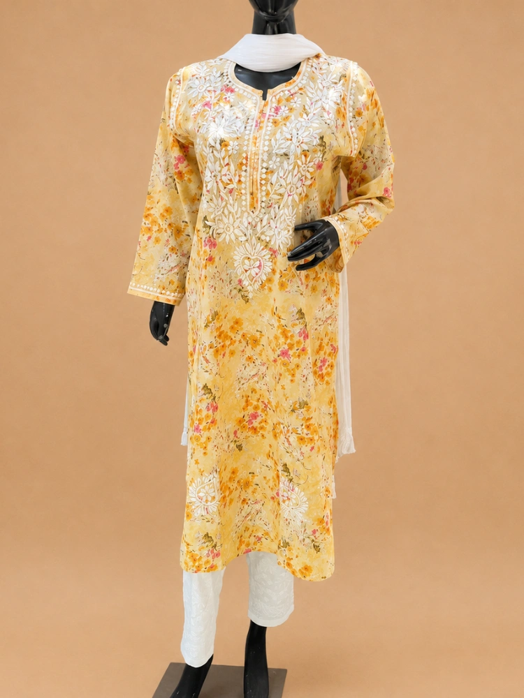 Floral Print Mulmul Chikankari Kurta With Hand Embroidery