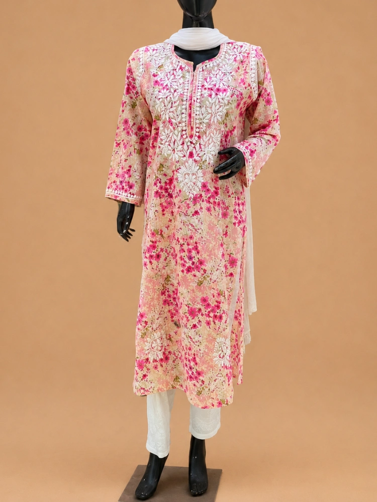 Floral Print Mulmul Cotton Chikankari Kurta