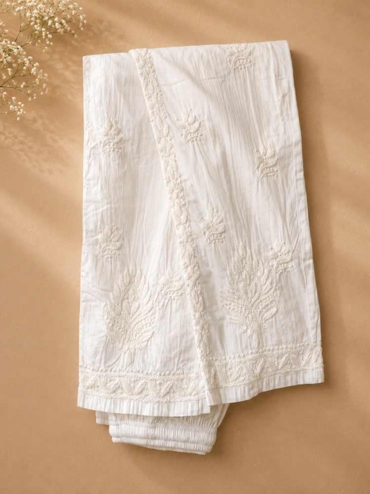 White Cotton Stretchable Pant With Chikankari Hand Embroidery
