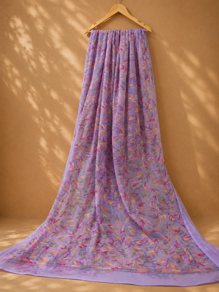 Chikankari Saree With Multicolour Embroidery