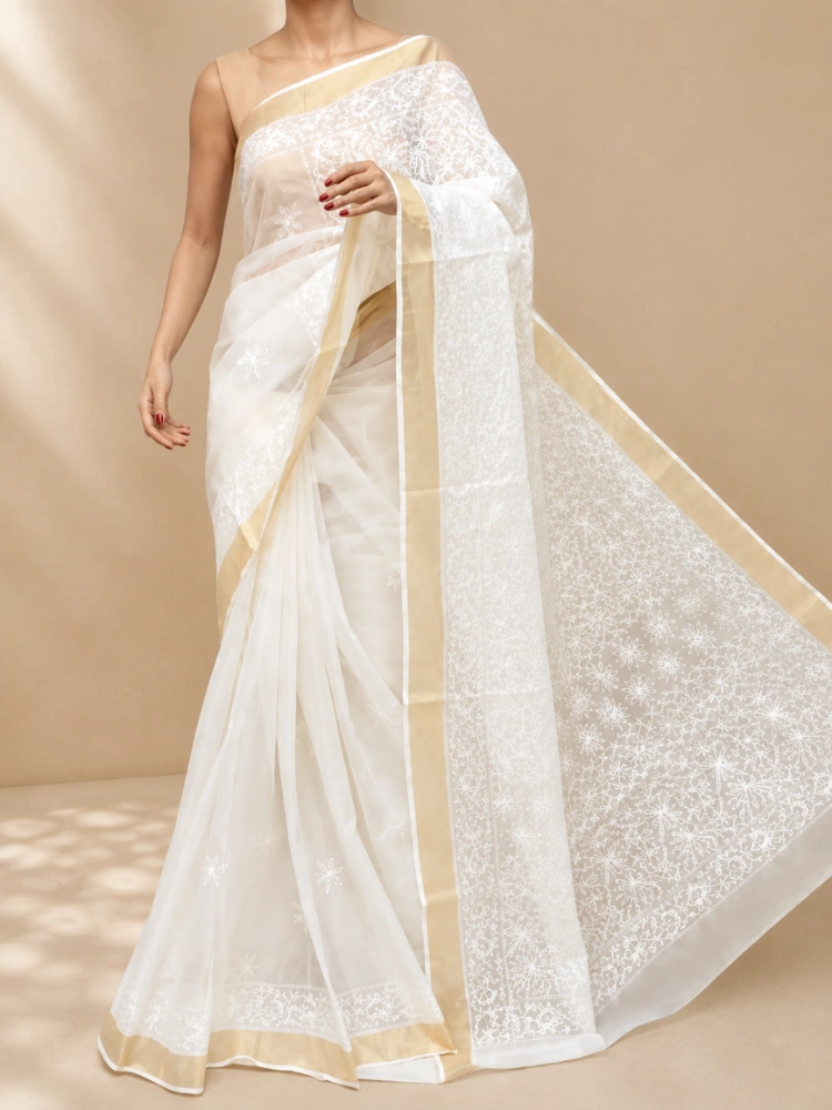 Kota Cotton Saree With Chikankari Hand Embroidery