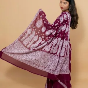 Wine Chikankari Saree With Border Palla Embroidery