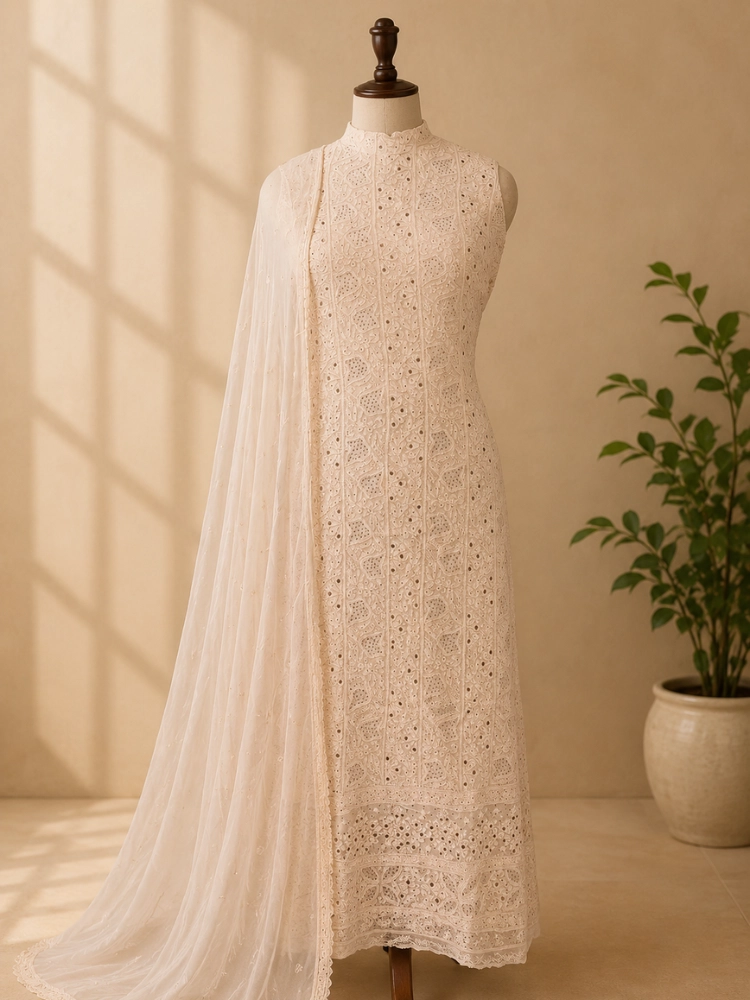 Beige Pure Georgette Chikankari Suit With Mukaish