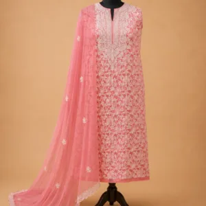 Coral Pink Georgette Chikankari Suit With Hand Embroidery