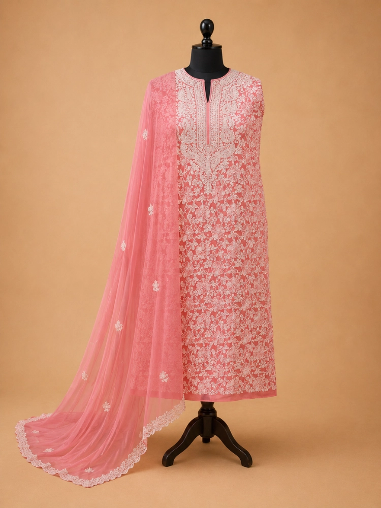 Coral Pink Georgette Chikankari Suit With Hand Embroidery