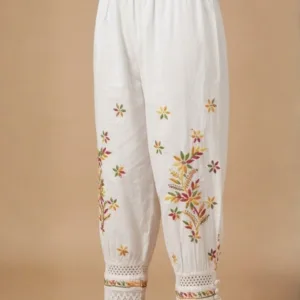 White Cotton Afghani Salwar with Multicolour Chikankari
